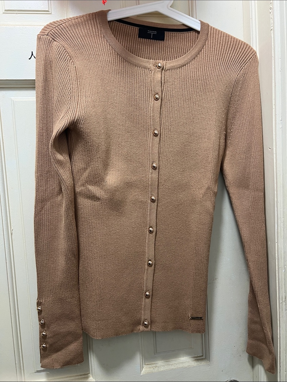 Tahari Camel Ribbed Button-Front Women's Cardigan